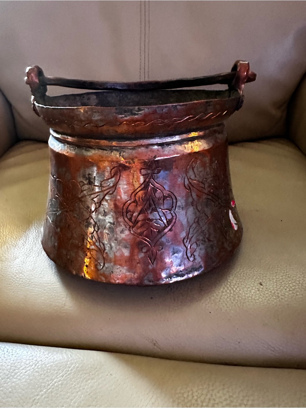 Antique Etched Copper middle  eastern Cooking Pot with Handle
